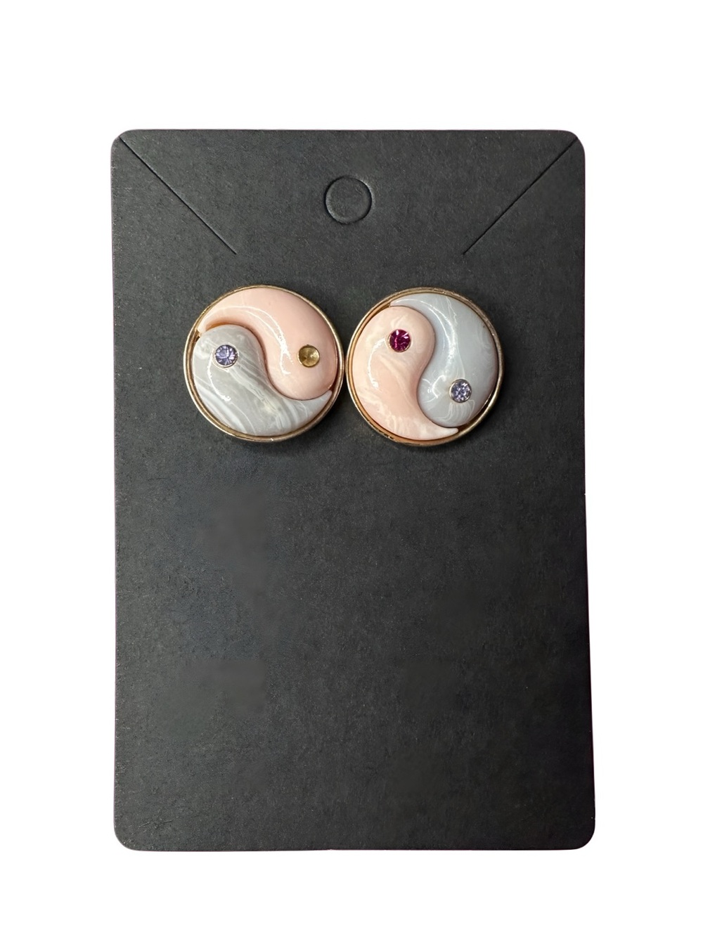 Betsey Johnson Gold-Trim Yin Yang Stud Earrings in Pink and Light Gray